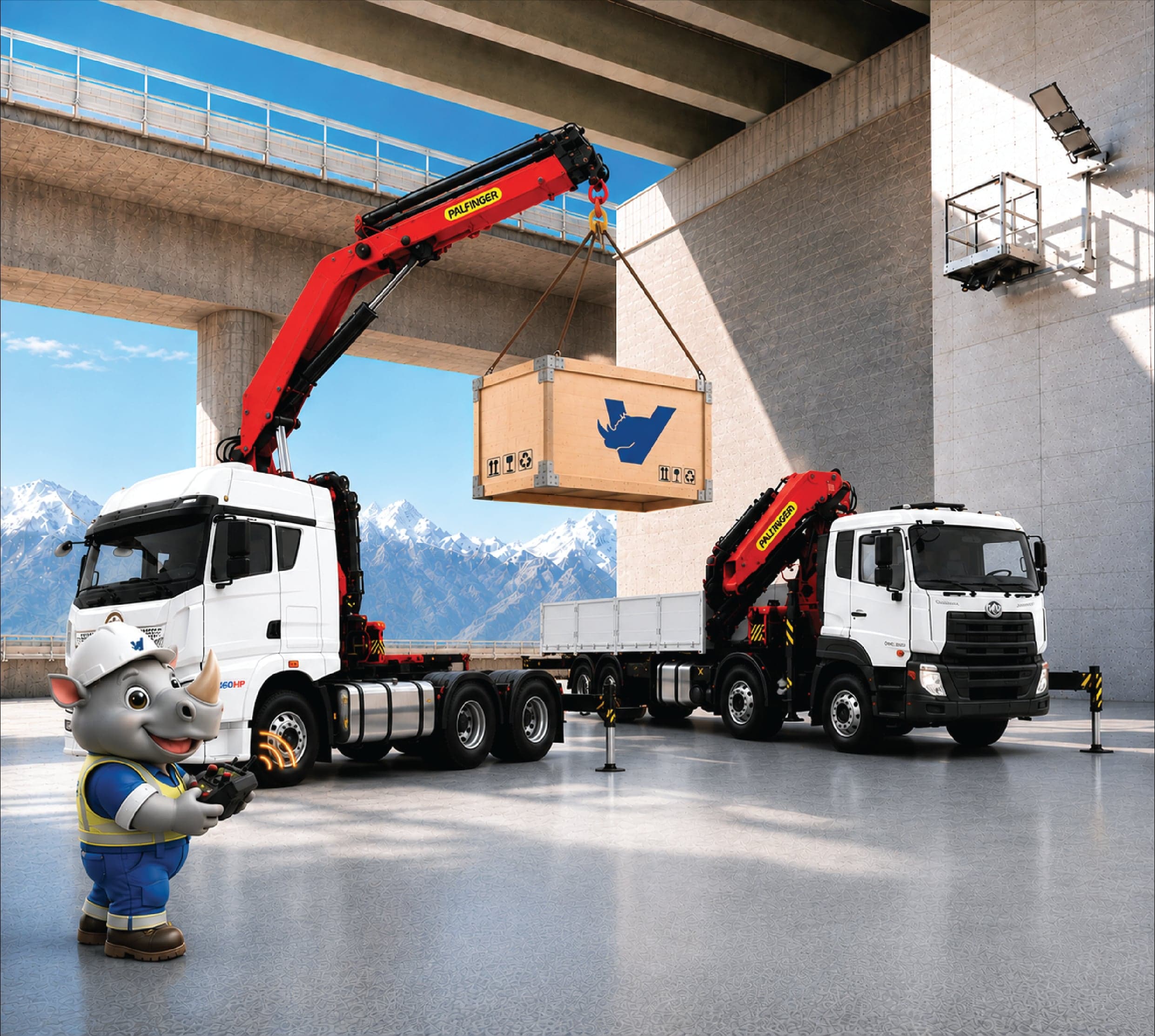 Hai xe cẩu gập PALFINGER VIPEC đang nâng hạ hàng hoá tại công trình